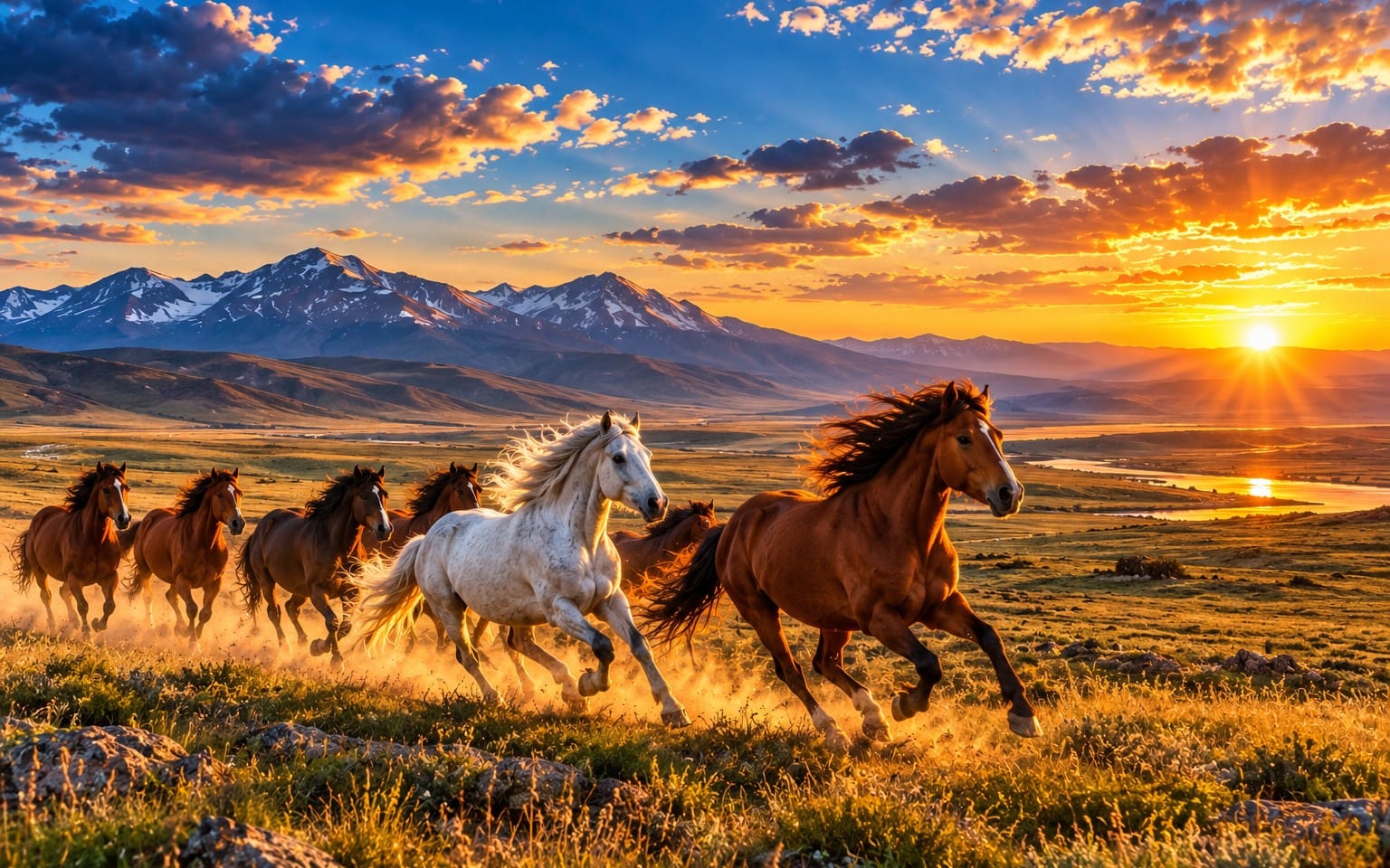 Horses stampeding across a grassy steppe landscape at sunset with mountains and dramatic clouds