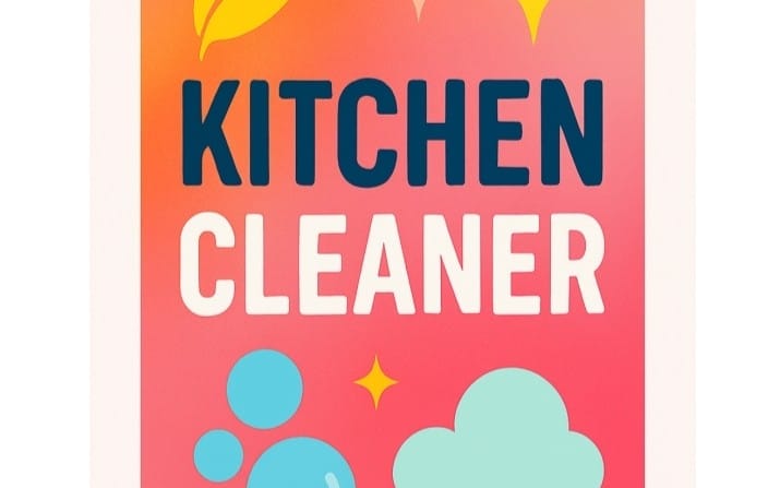 Colorful Kitchen Cleaner detergent label sheet featuring bold text and decorative bubble graphics