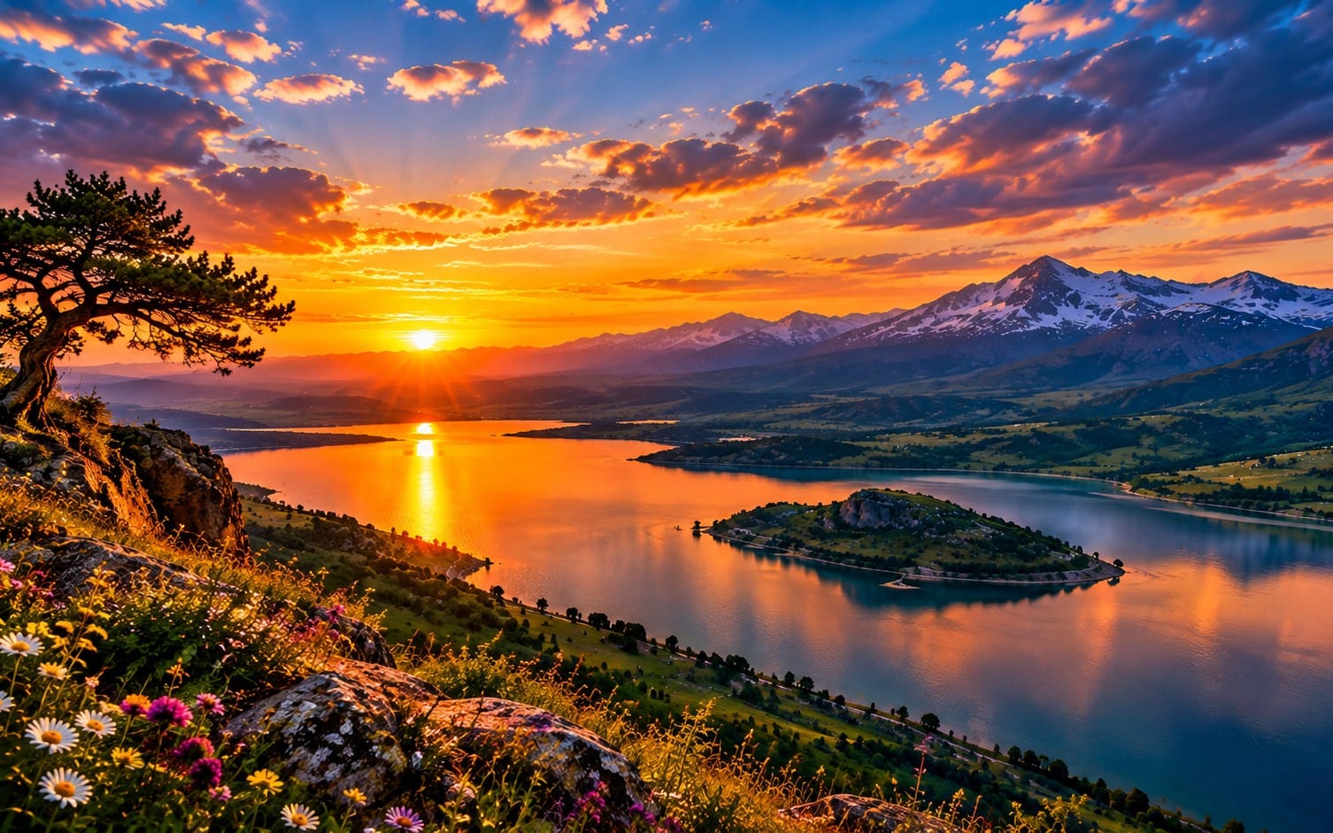 Scenic mountain lake sunset wallpaper with blooming flowers, pine tree, and snowcapped peaks under orange clouds