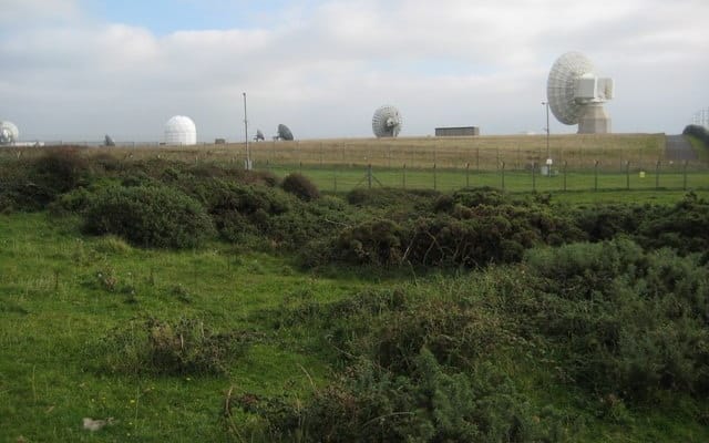 Satellite dishes over a grassy field, digital beat track cover art background