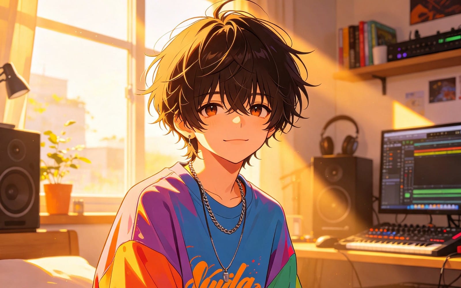 Anime-style boy with headphones in a home studio, representing an R&B background music loop for 103 BPM F# minor vibe