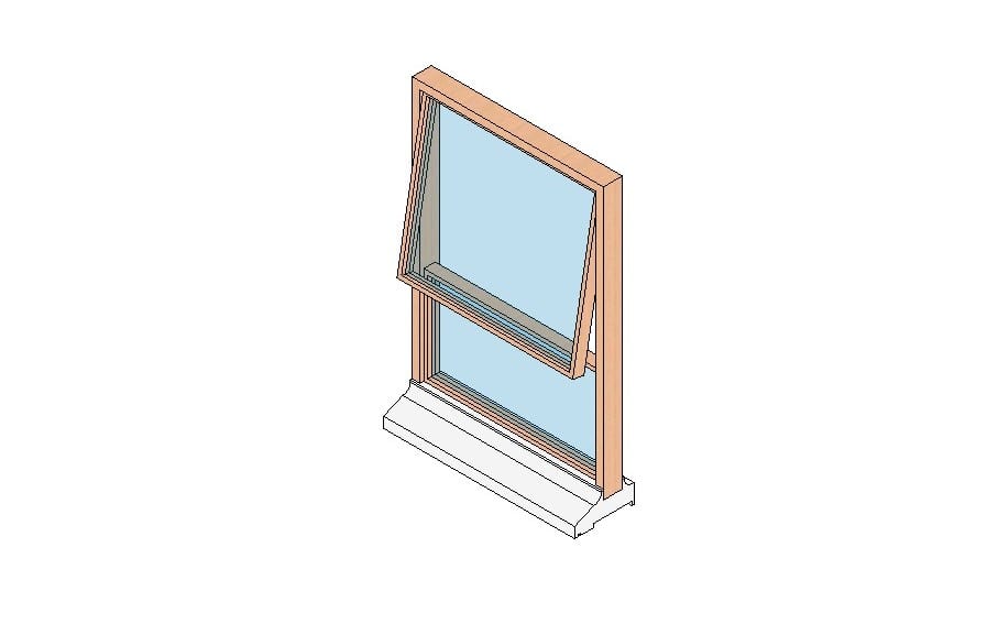 Ventana abatible vertical de madera con alfeizar, modelo simple, con marco y vidrio transparente