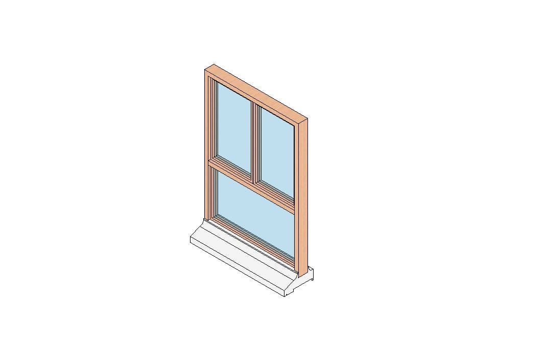 Ventana compuesta de doble batiente con marco de madera y paneles de vidrio azules, modelo 3D