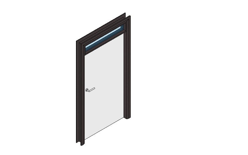 Puerta simple con ventana fija superior y marco oscuro, vista en 3D con pomo metálico y cristal azul
