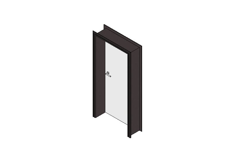 Puerta interior simple 3D con marco en curvas y hoja lisa cerrada, render técnico de diseño