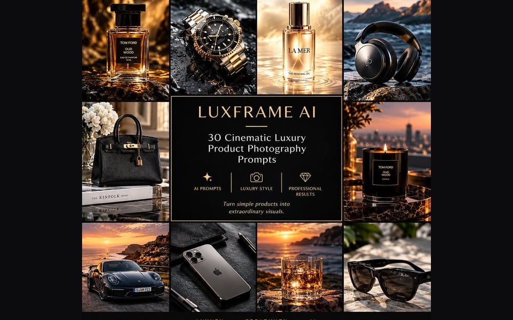 Collage promoting LUXFRAME AI: 30 cinematic luxury product photography prompts with watches, perfume, bag, and candles