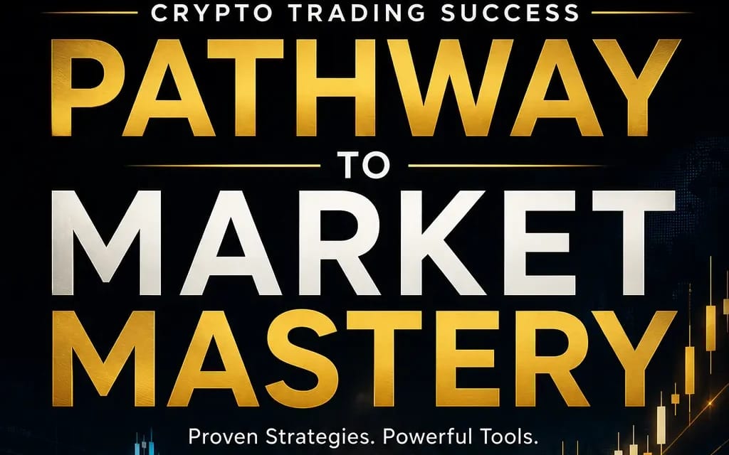 Crypto trading course cover titled Pathway to Market Mastery with market candlestick graphics and bold typography