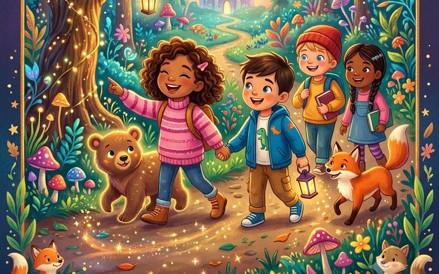 Colorful children’s story cover illustration with kids walking at night holding lanterns and smiling animals in a forest