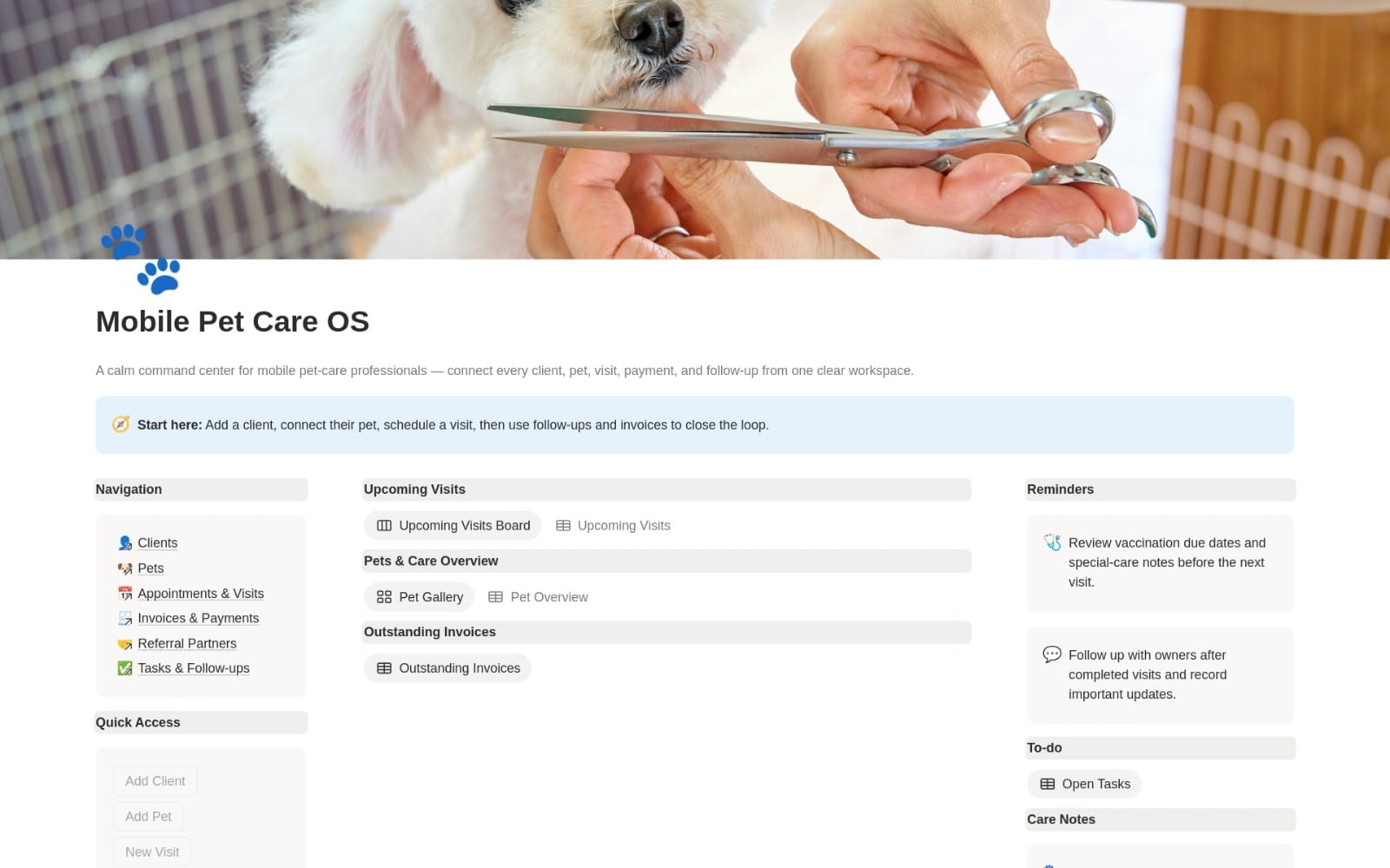 Mobile Pet Care OS dashboard preview