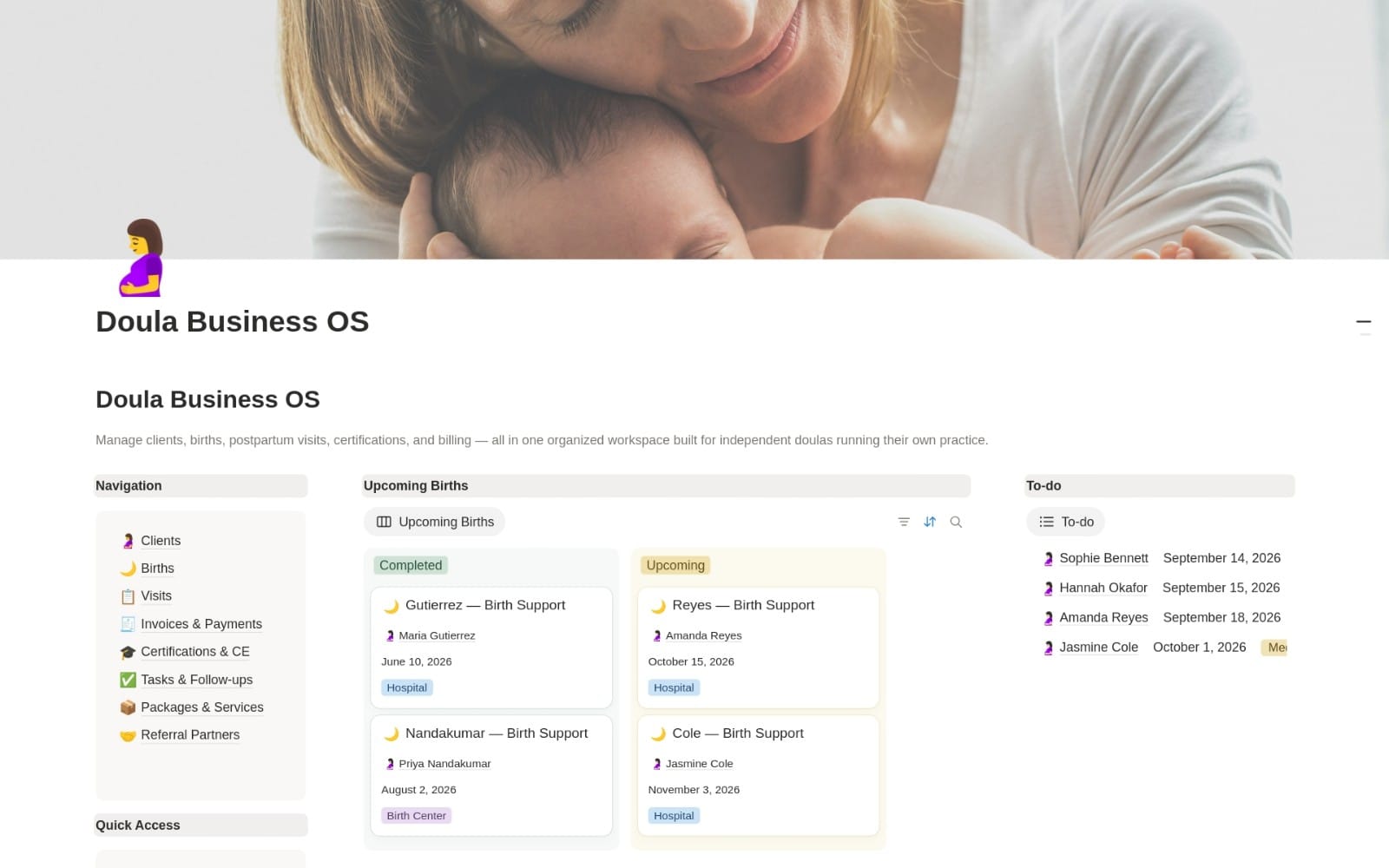Doula Business OS dashboard preview