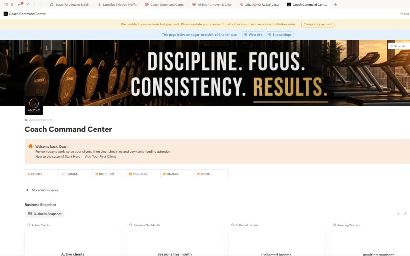 Notion template dashboard page for Fitness Coach Command Center with workout, clients, progress, and finance sections