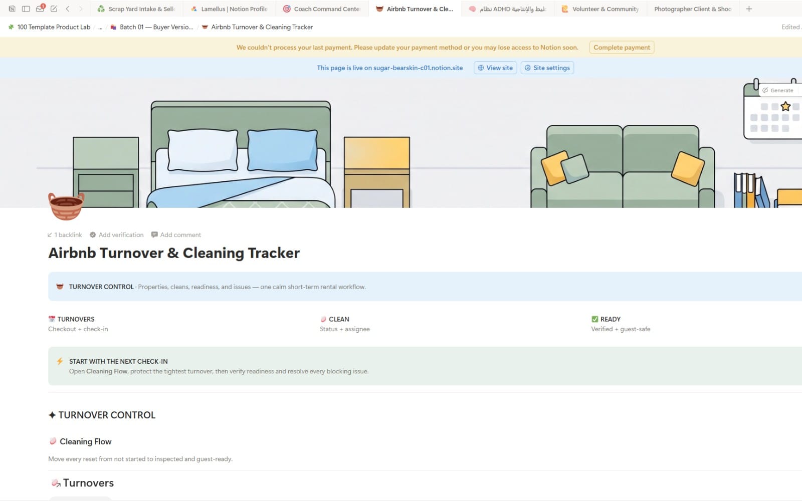 Notion template dashboard titled Airbnb Turnover & Cleaning Tracker with workflow sections and room illustration