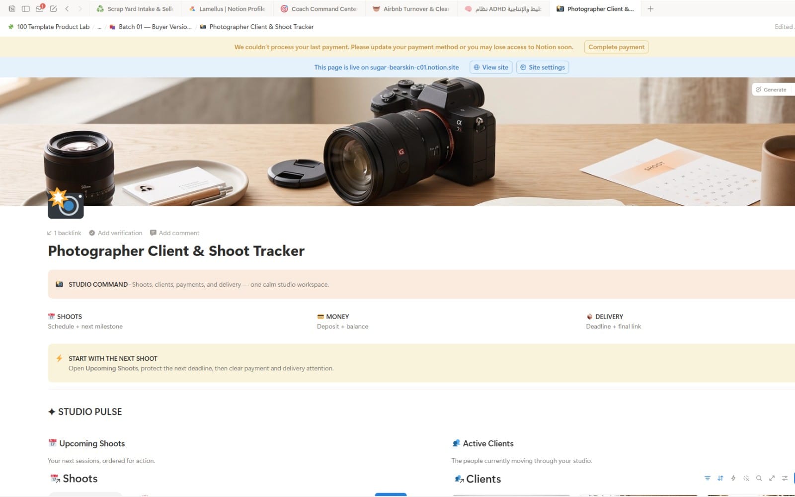 Notion template landing page for a Photographer Client & Shoot Tracker with camera photo header and tracker sections