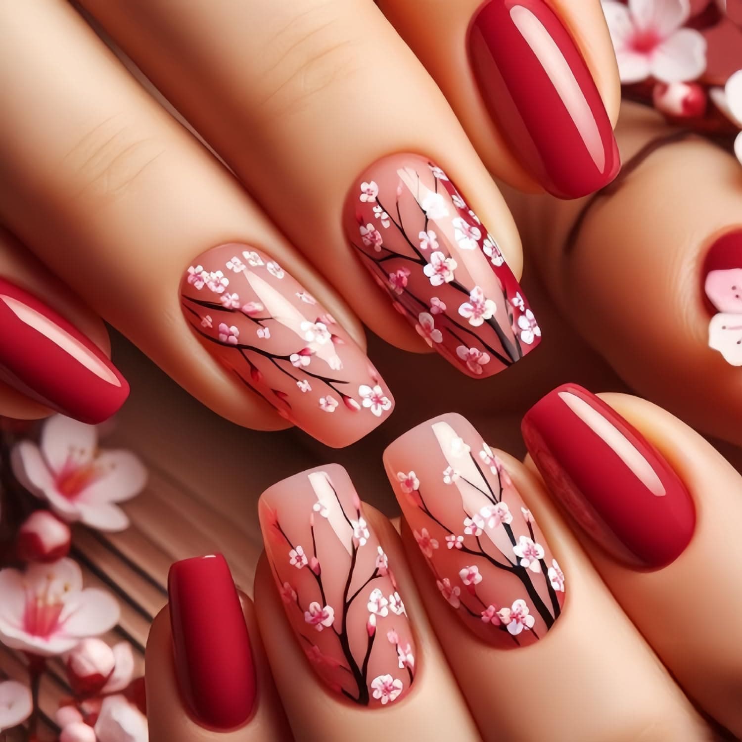 TBRZTR Flower Press on Nails Medium Red False Nails