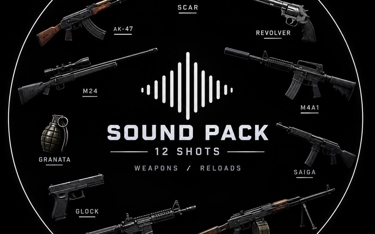 Elite weapon sound pack cover with multiple gun illustrations, grenade icon, and audio waveform text 12 shots