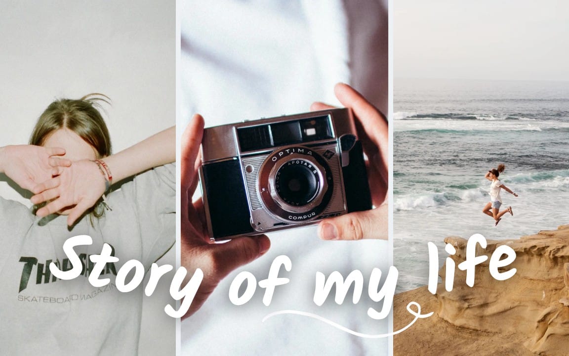 Collage for cozy caption pack with handwritten text and photos of a couple, camera, and person at the ocean