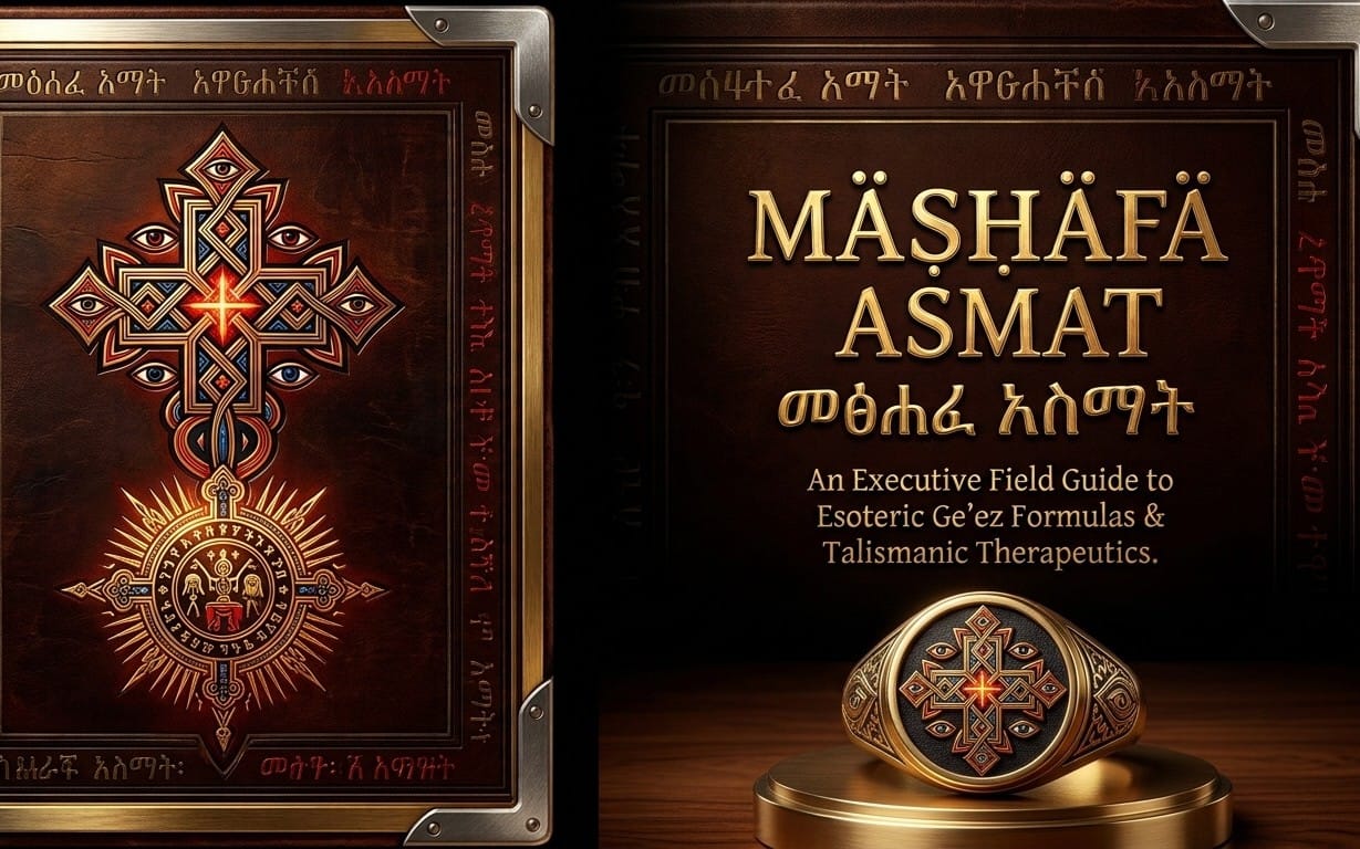 Decorative book cover and ring mockup for an esoteric magic formulas field guide titled Mashafa Asmat