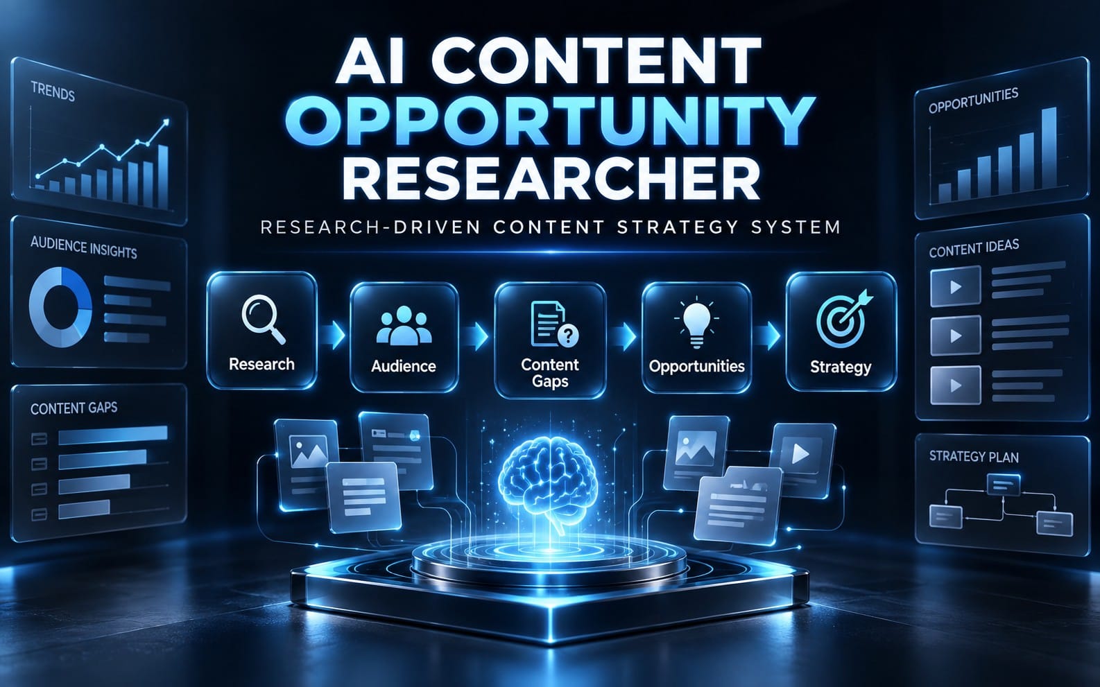 Futuristic AI content opportunity researcher banner with glowing charts, icons, and linked research steps