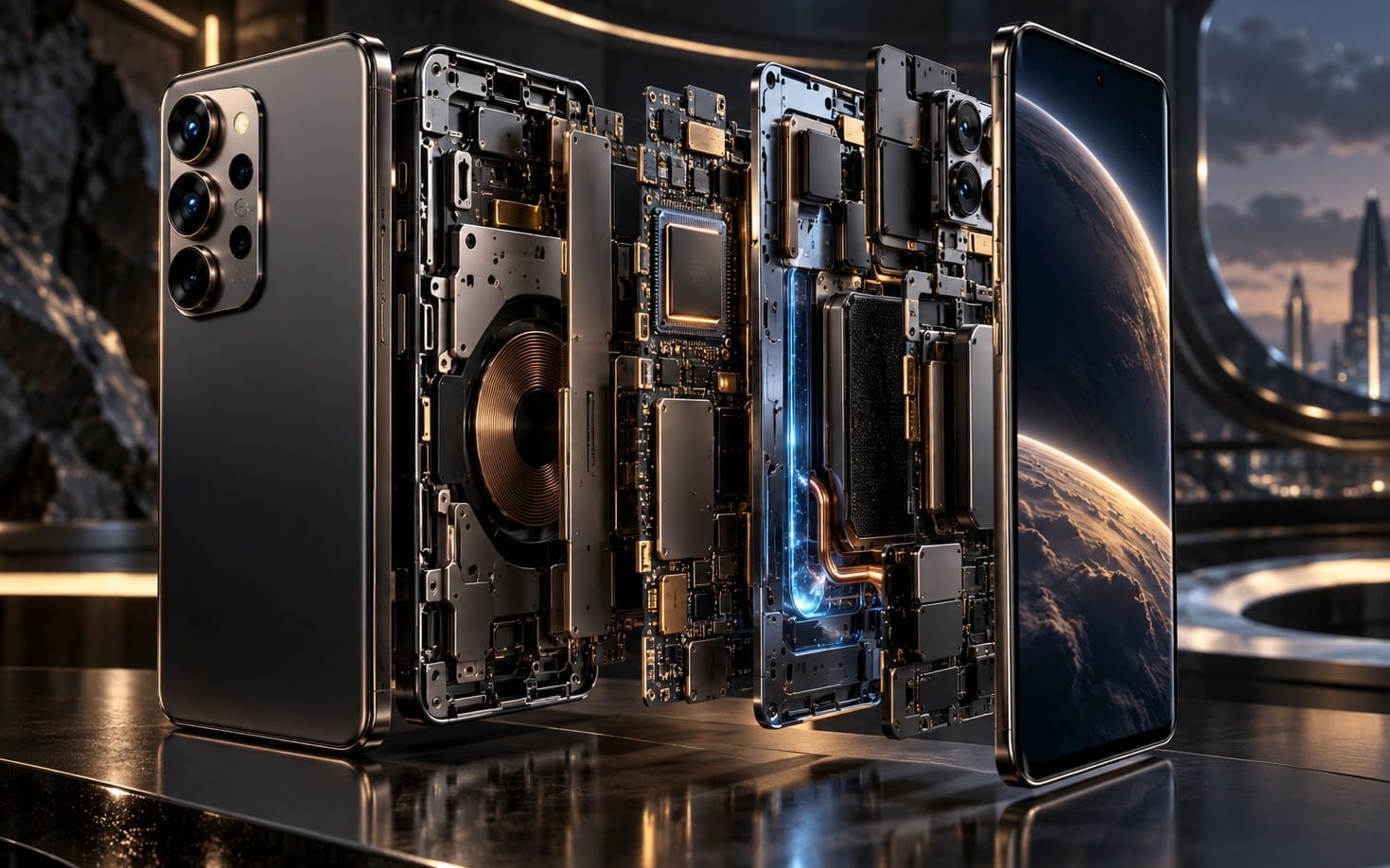 Futuristic smartphone exploded cutaway showing detailed internal components