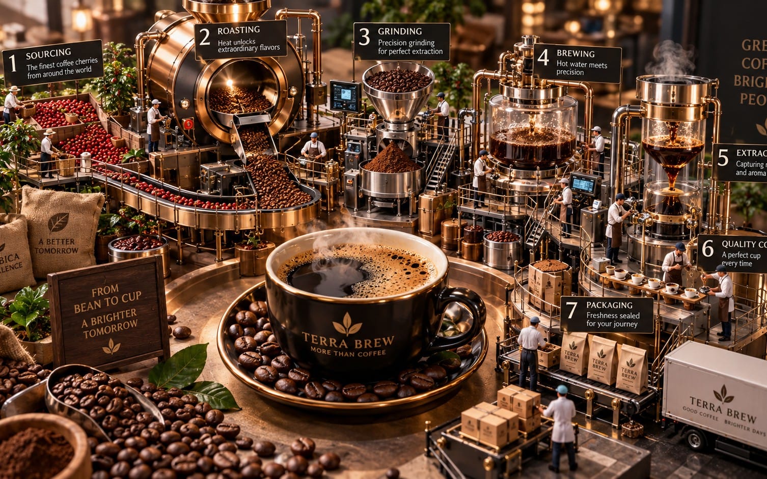 Miniature coffee production scene with roasting, grinding, brewing equipment, workers, and a cup on a tray