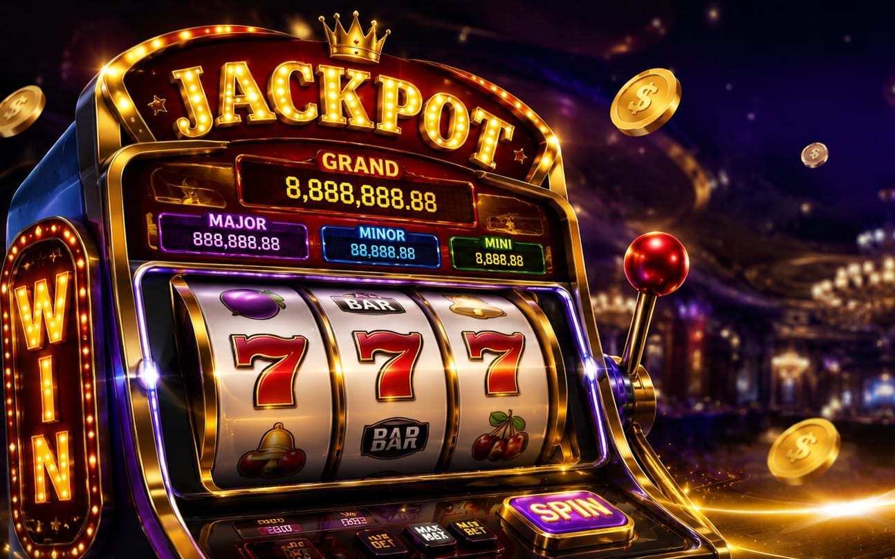 Retro casino slot game screen with jackpot lights, fruit symbols, and spinning reels