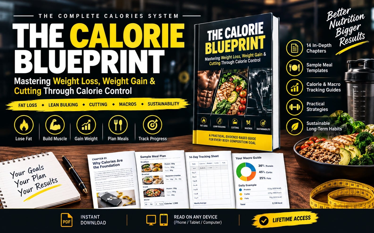 Fitness nutrition PDF course cover titled The Calorie Blueprint with meal and macro tracking visuals on a desk scene
