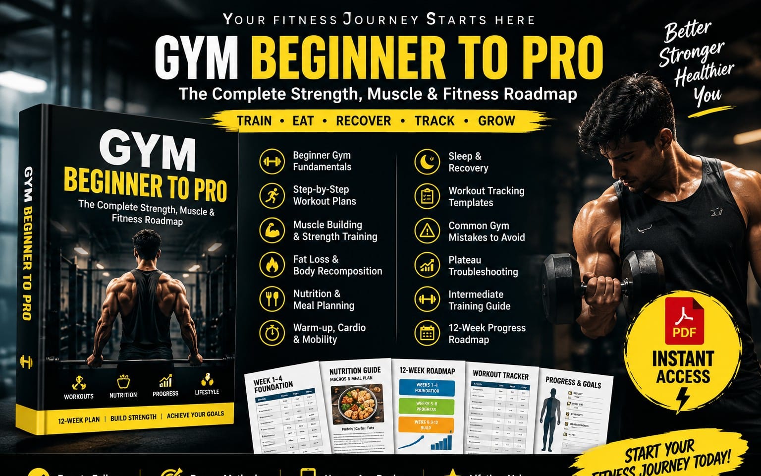 Gym beginner to pro fitness roadmap product cover with text TRAIN EAT RECOVER TRACK GROW and training guide visuals