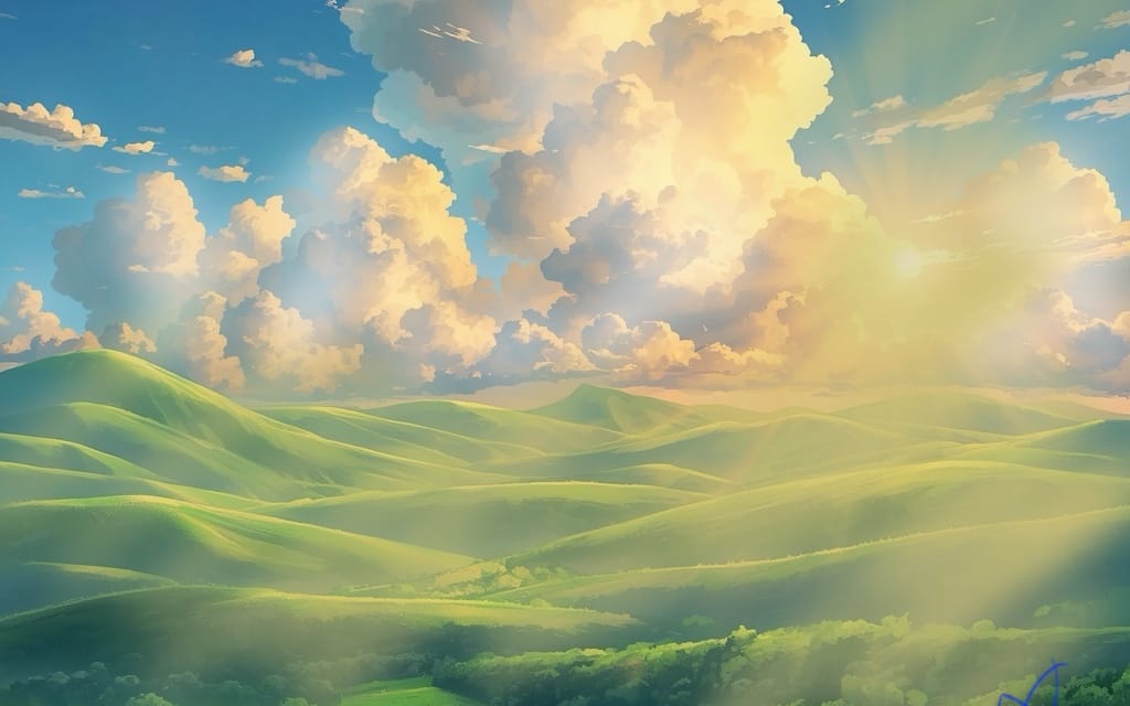 Studio Ghibli style anime nature landscape with rolling green hills and dramatic golden clouds