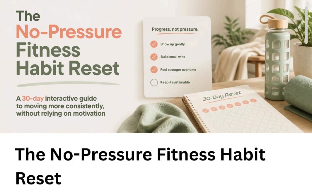NoStress ebook cover for the No-Pressure Fitness Habit Reset 30-day interactive guide with notes and water bottle