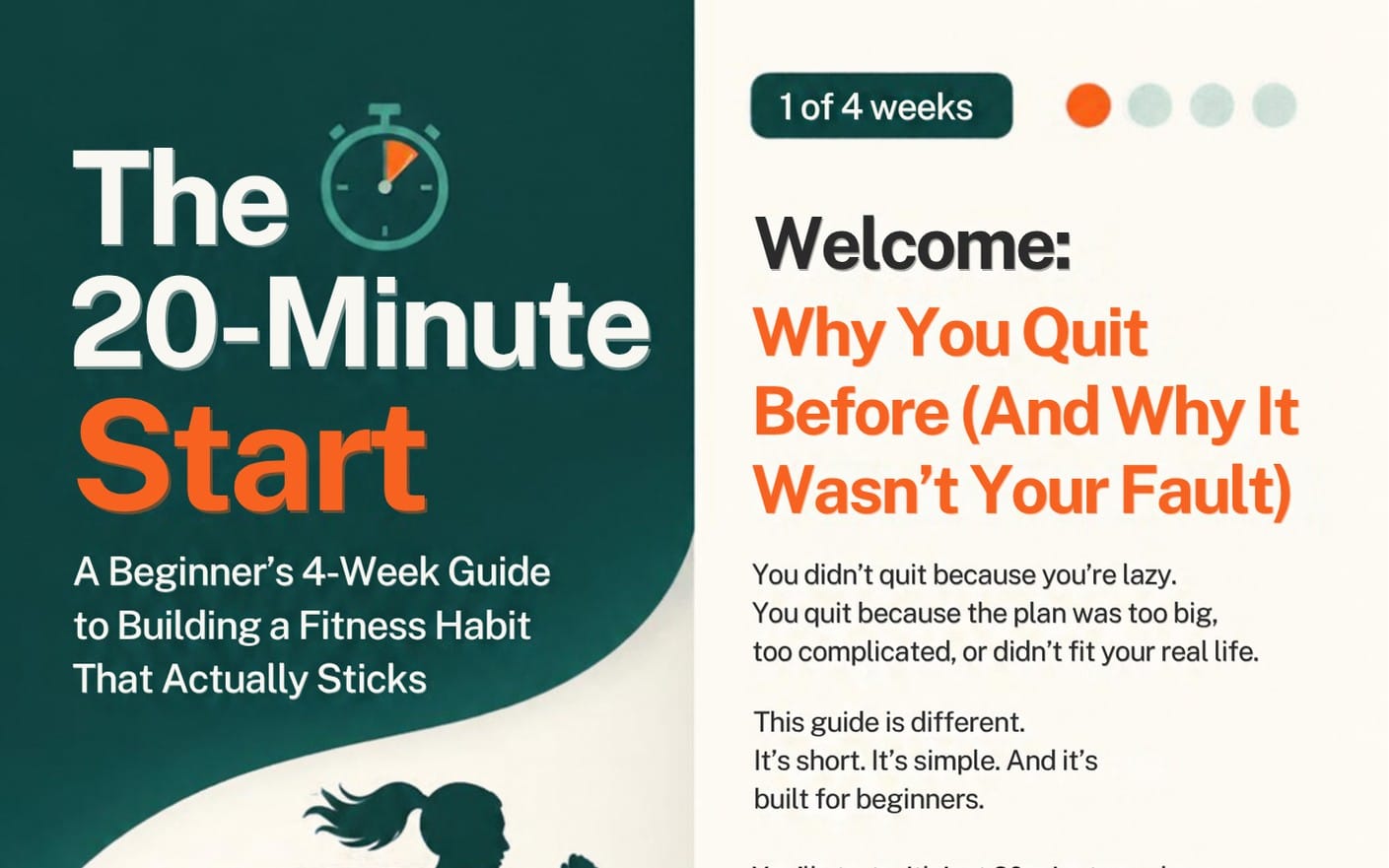 Fitness habit guide cover titled The 20-Minute Start with a clock icon and beginner 4-week plan text