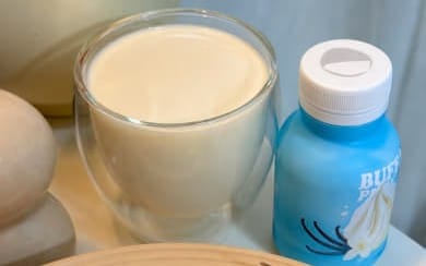 Mixed photography collection featuring a glass of milk and a blue water bottle on a wooden table