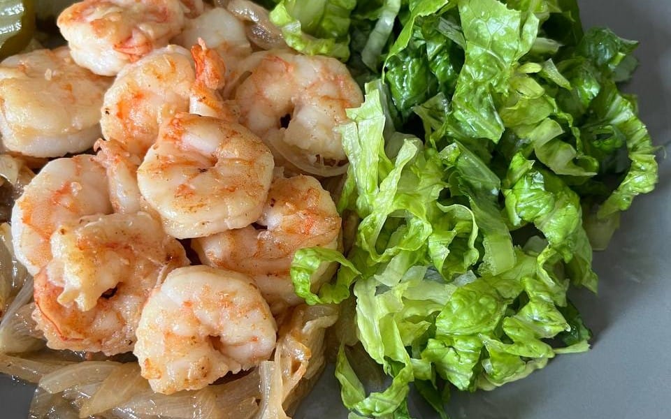 Close-up food photo featuring shrimp and fresh green lettuce, mixed photography collection for food lifestyle and