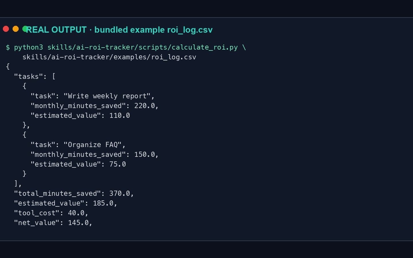 Code editor screen showing bundled example ROI log CSV and calculateroi.py results for SME AI adoption starter template