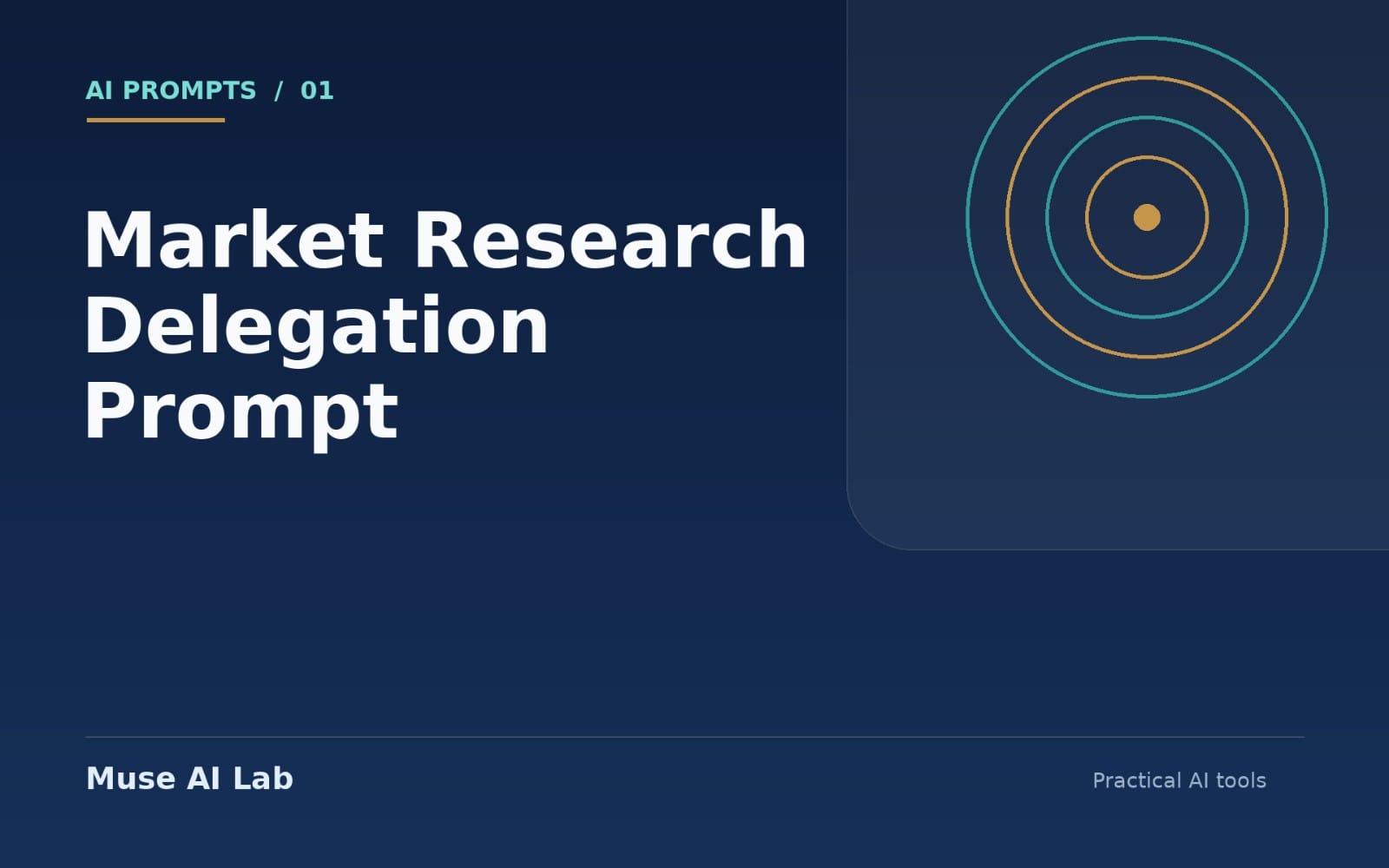 Design slide for an AI market research delegation prompt with concentric target circles and bold text