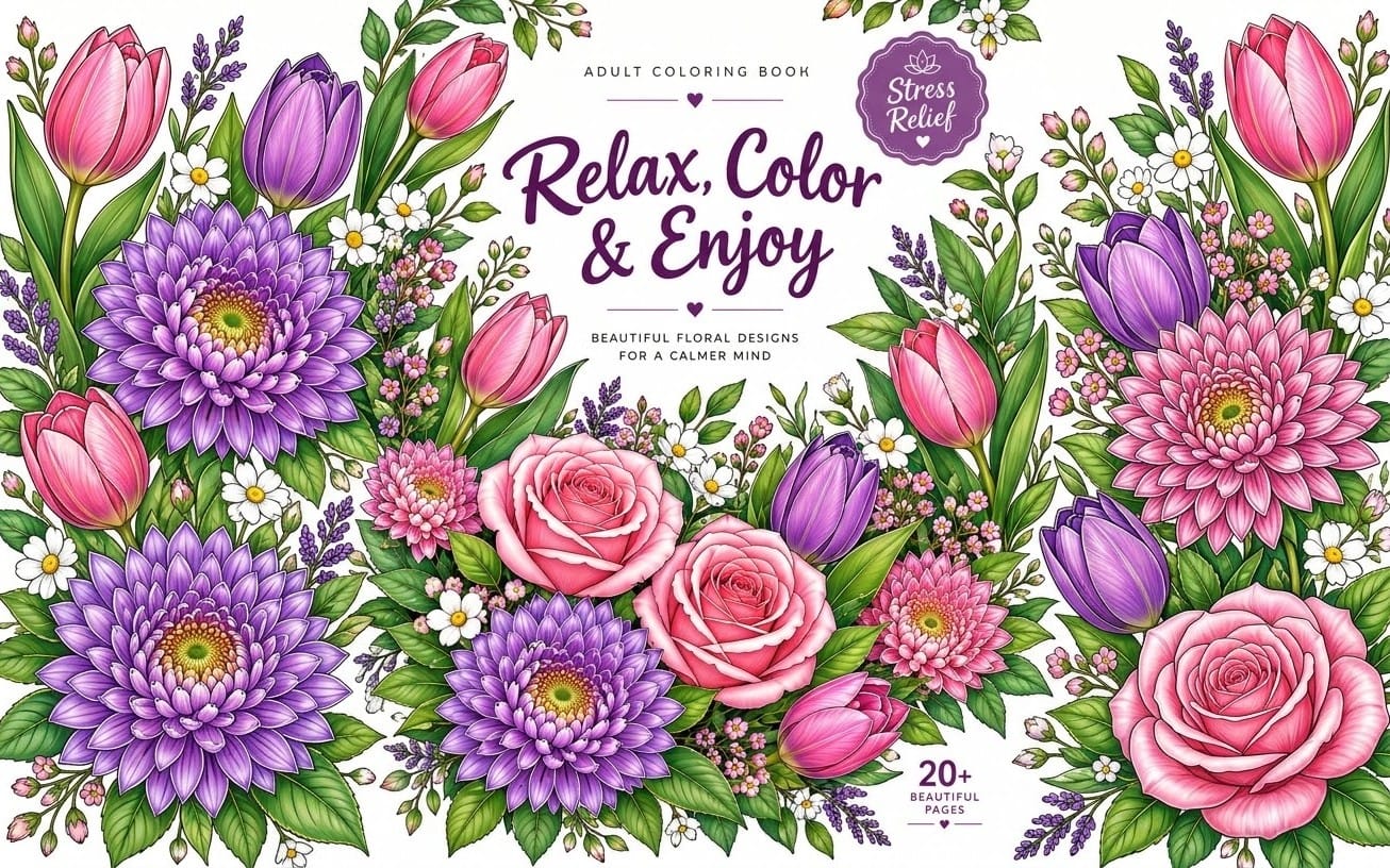 Relaxing Floral Adult Coloring Book: Mindfulness & Stress Relief Botanical Designs - Printable PDF