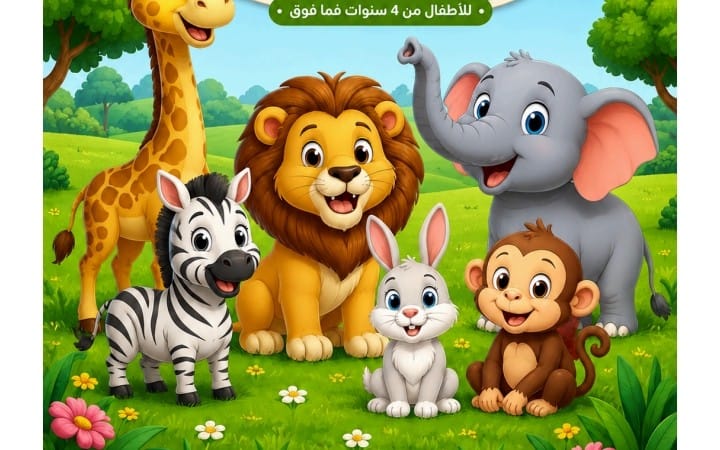 Kids bilingual Arabic-English printable PDF animals coloring book cover with cute lion, zebra, elephant, rabbit, monkey