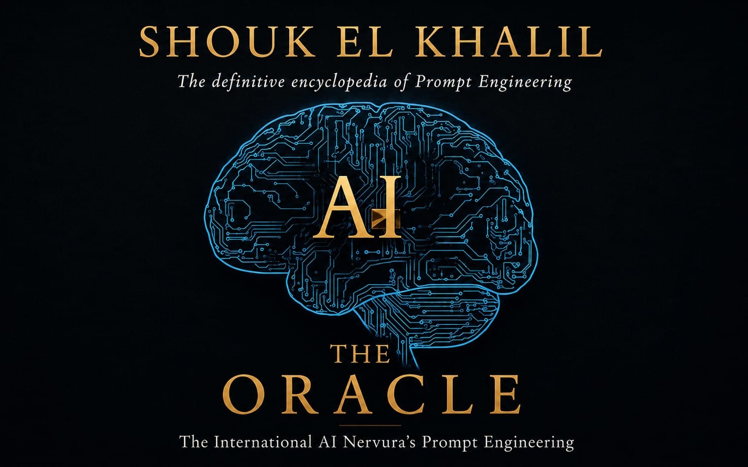 Cover of "THE AI ORACLE - The Definitive Encyclopedia of Prompt Engineering" book, featuring a futuristic AI-themed design with the title in gold at the bottom, and a technological/cyber background.