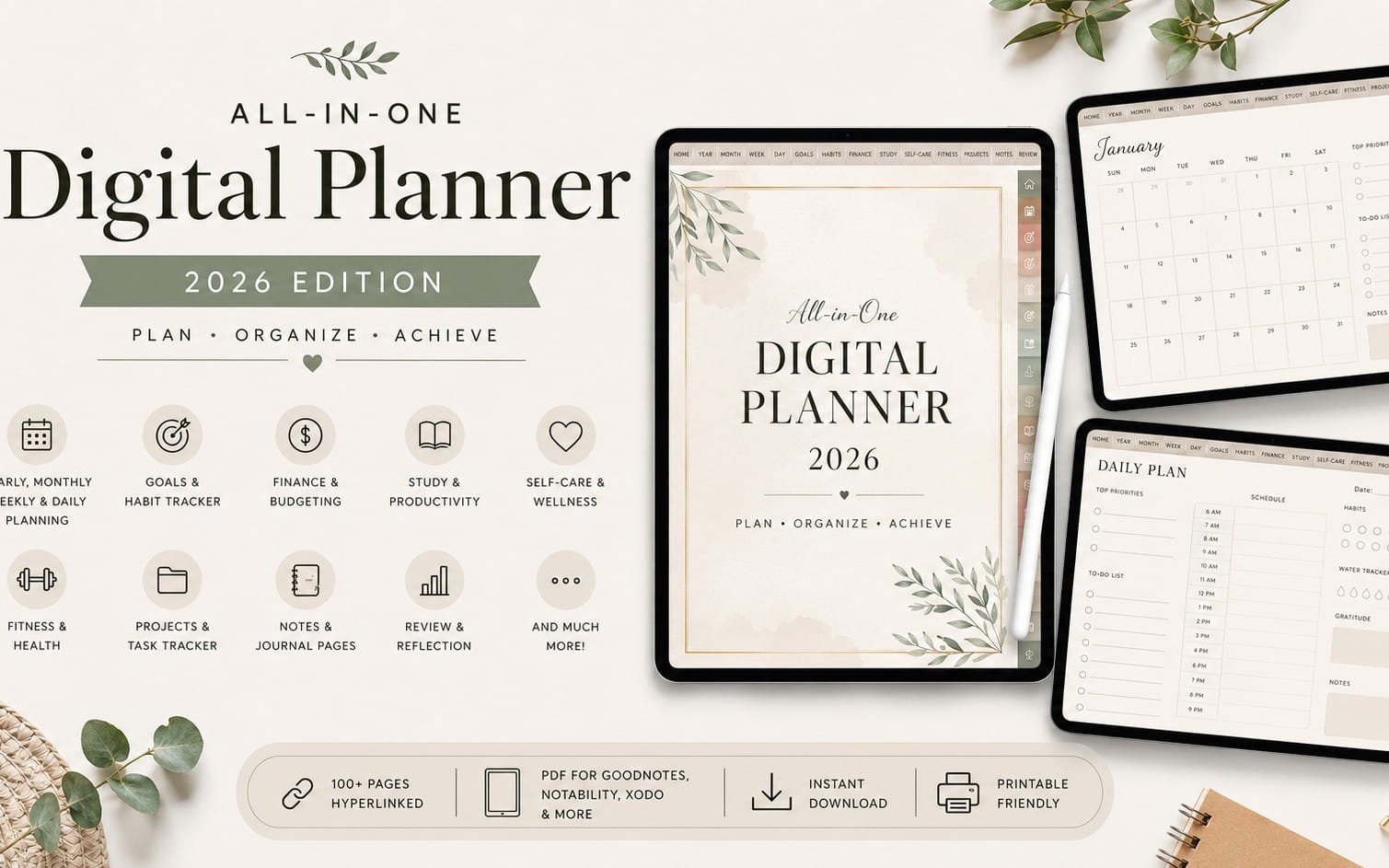 All-in-one digital planner 2026 design displayed on three tablet screens with calendar and planning pages