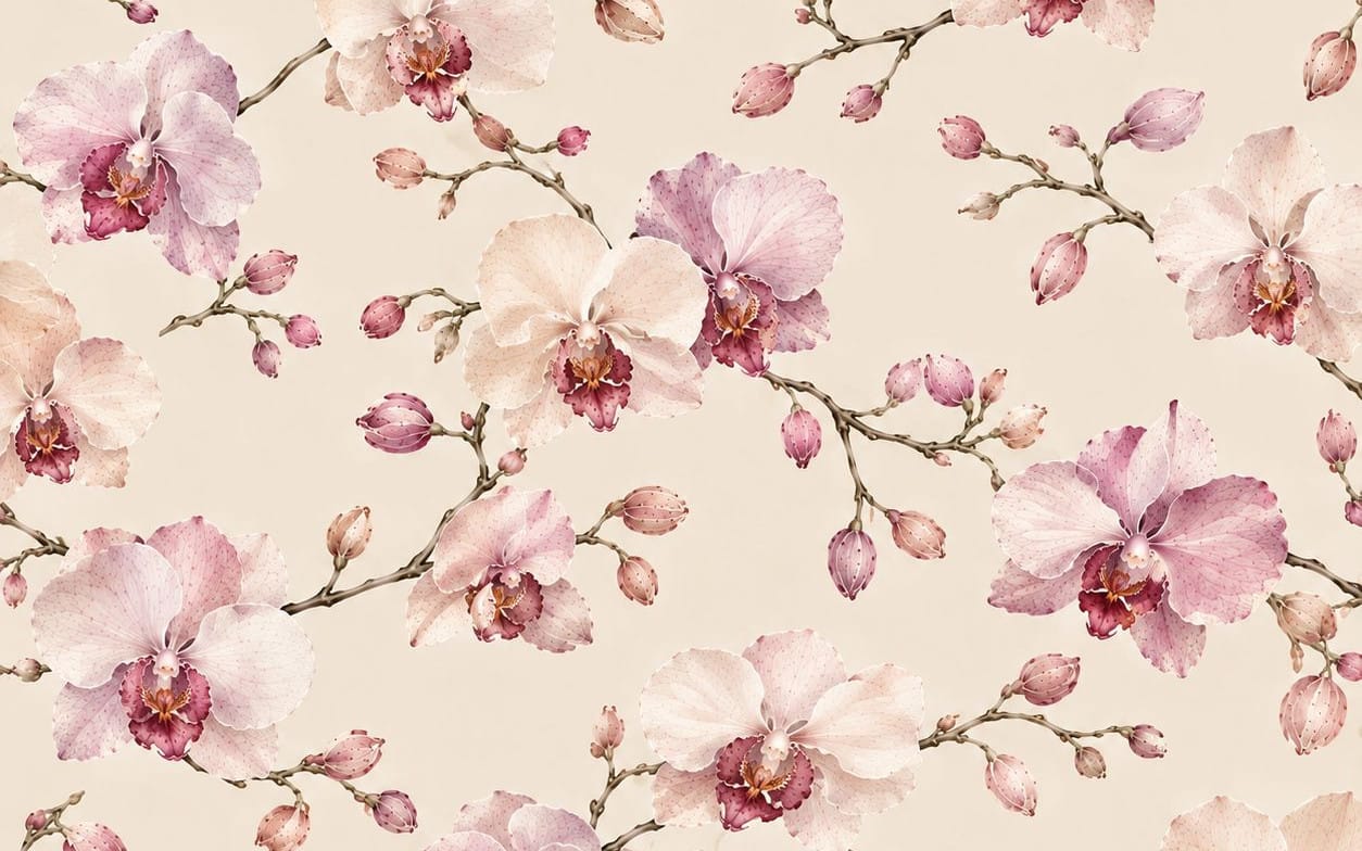 Seamless botanical textile pattern featuring pink orchids, blossoms, and buds on a cream background