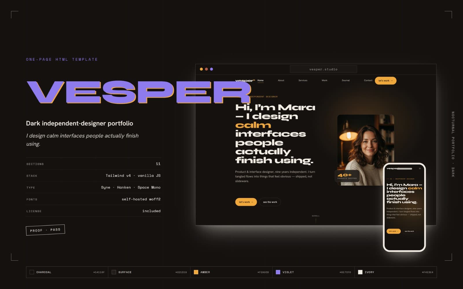 Vesper — Dark Designer Portfolio Template (HTML + Tailwind CSS)