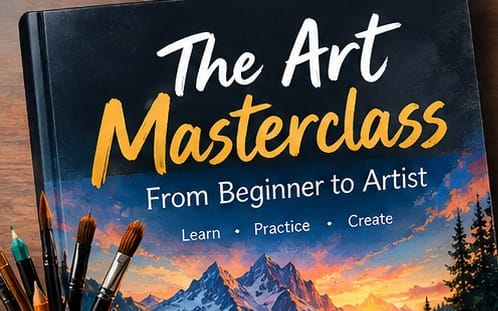 Cover of art masterclass guide book titled The Art Masterclass with beginner to artist and paintbrushes