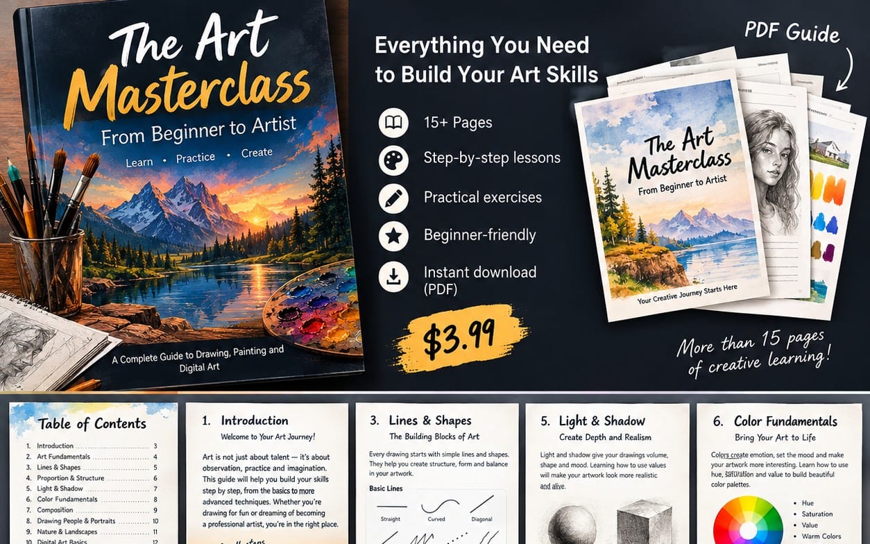 Art masterclass PDF guide cover and pages showing drawing and painting learning materials for beginners