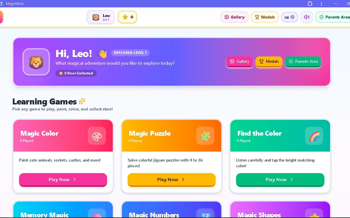 Capture d’écran d’une application web éducative pour enfants MagicMind avec mini-jeux et boutons de navigation parents