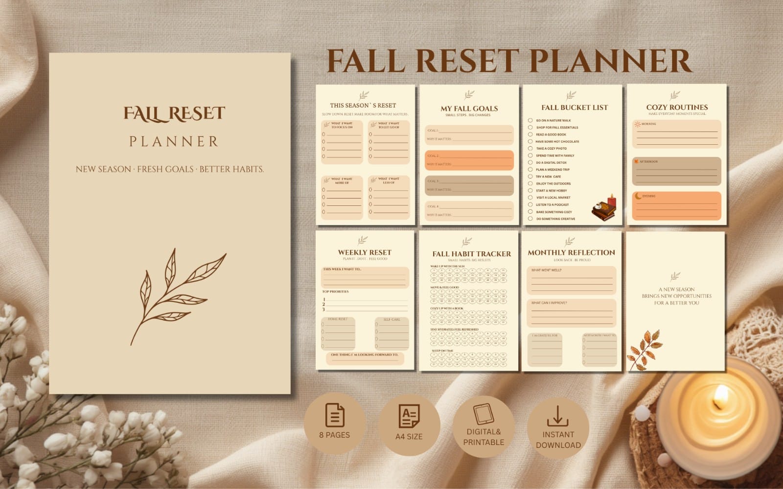 Fall reset planner digital printable with beige pages, goal trackers, and cozy routine sections