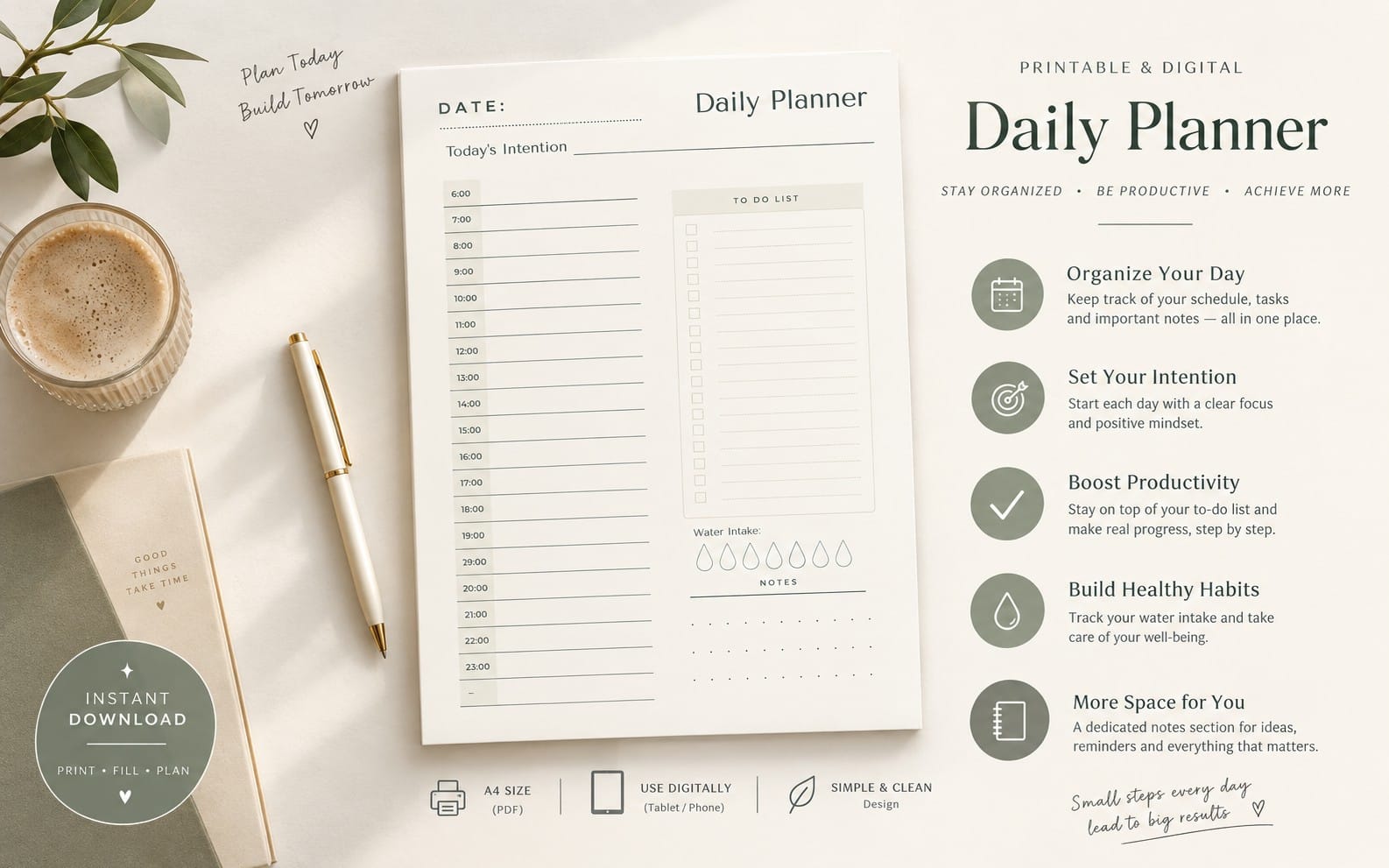 Overhead layout of a printable daily planner sheet with to-do list and time blocks on a desk with coffee and notebook