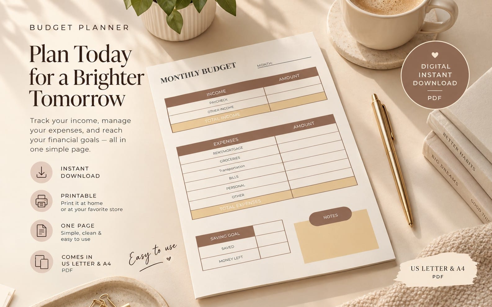 Monthly budget planner one-page printable PDF worksheet showing income and expense sections on letter-size paper