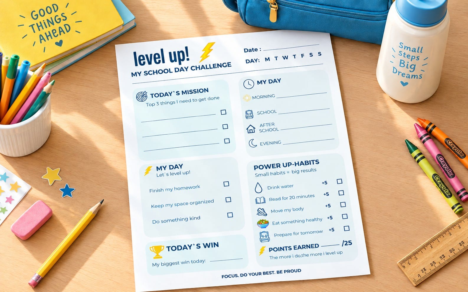 Kids daily planner sheet with habit tracker titled Level up My School Day Challenge on a desk with pencils and crayons
