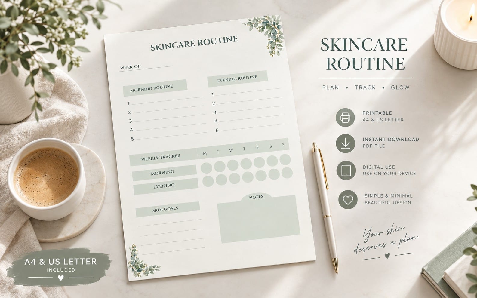 Printable skincare routine planner and weekly tracker PDF with morning and evening sections and notes on a desk layout