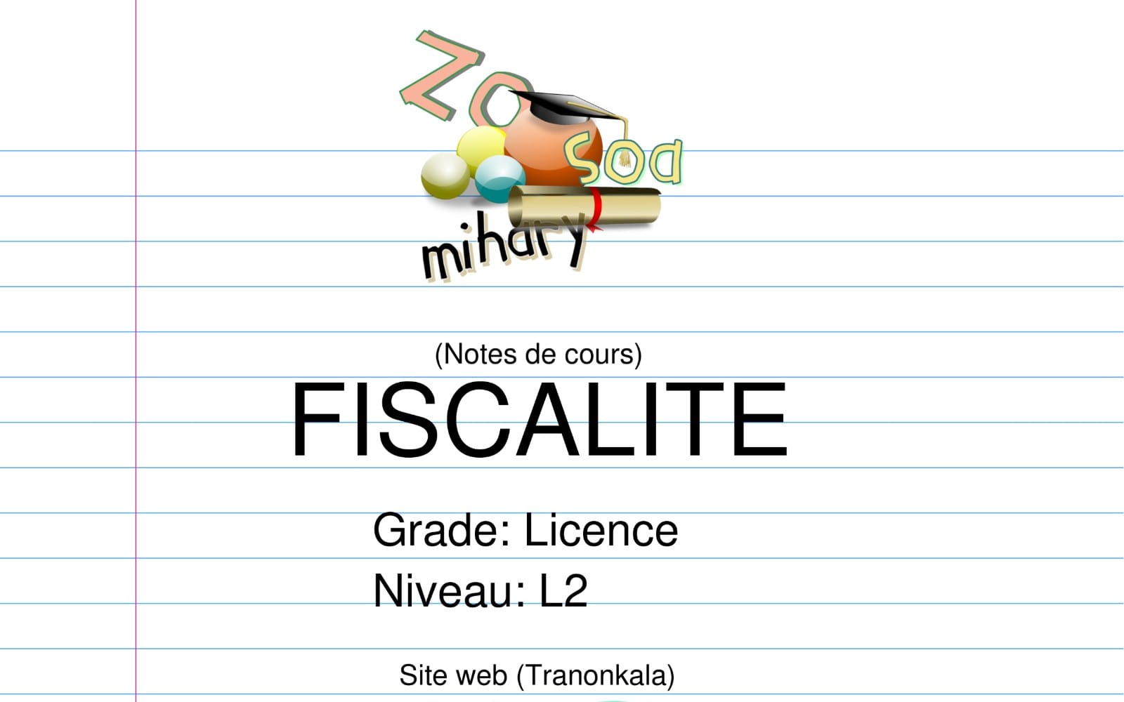 Couverture de cours de fiscalité niveau L2 avec texte Fiscalite et illustration de document et crayons