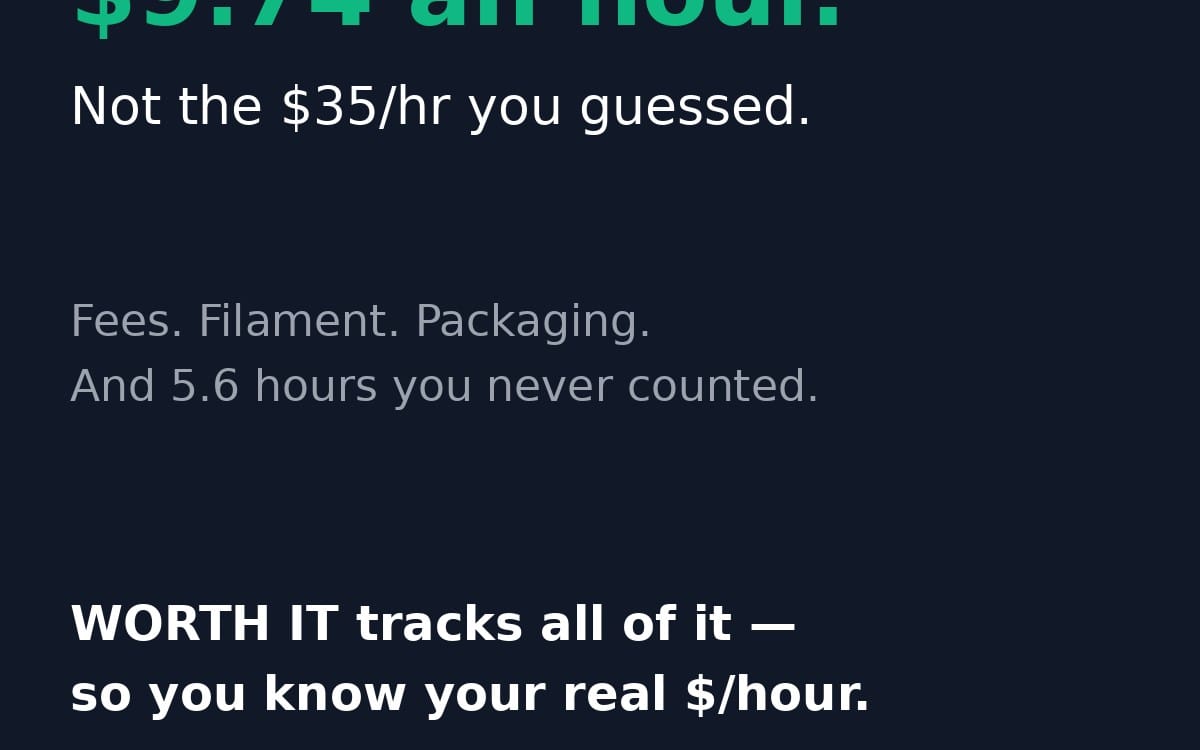 Dark promotional graphic for a free side hustle calculator showing real $ per hour text and dollar sign styling
